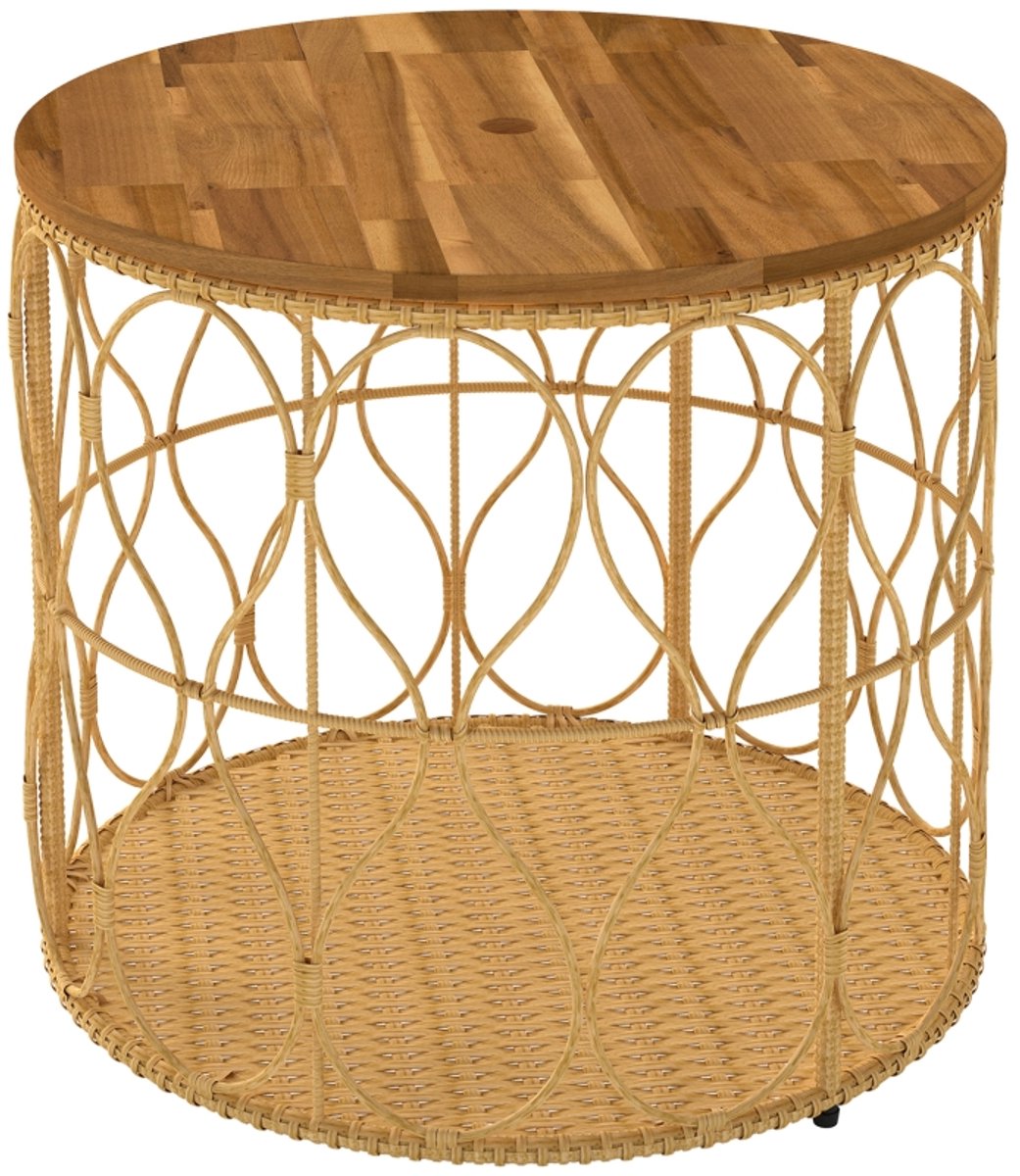 Tuin bijzettafel 50x50x47.5cm houtkleur hout kleine salontafel buitentafel vrijetijdstafel decoratietafel voor woonkamer balkon en terras met rotanlook ontwerp eenvoudig te reinigen geschikt voor tuin terras en balkon