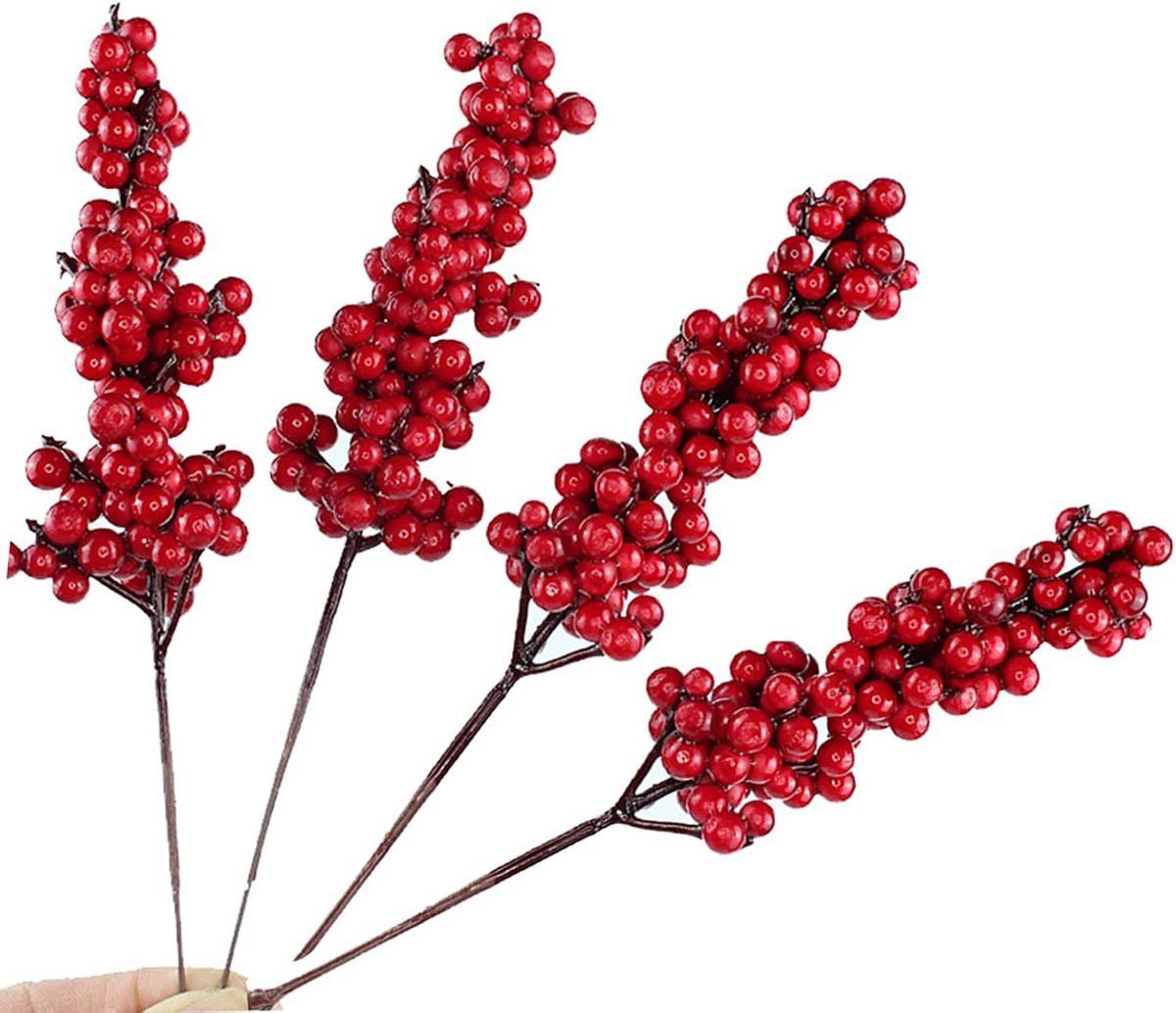 Kunstmatige rode hulstbessen takken - 10 stuks - 20 cm - perfect voor kerstdecoratie - ShopVlot