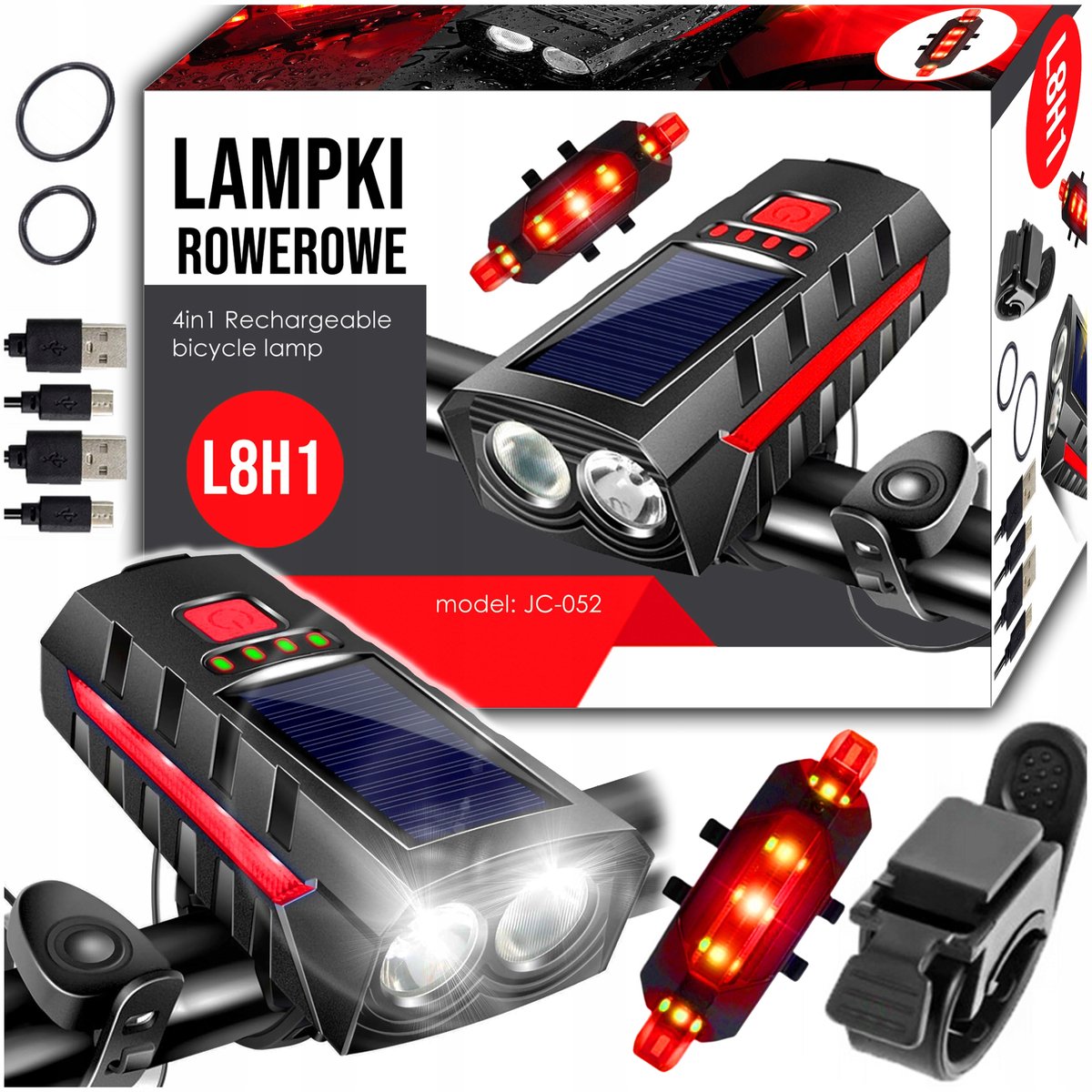 Fietslamp Set 4-in-1: Voor- & Achterlicht, USB, Zonne-energie & Bel