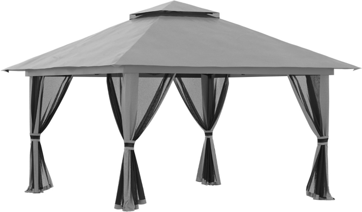 Opvouwbare partytent voor buiten 392x392x283cm donkergrijs metaal barbecue paviljoen draagbaar tuinpaviljoen met muggennet waterafvoer en ventilatiedak verstelbare hoogte stabiel en duurzaam voor buitenfeesten camping en barbecue