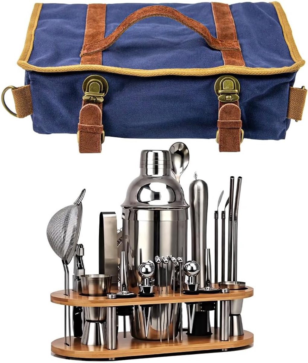 Bartenderset 24-delig - Professionele mixologie kit - Inclusief reistas en bamboe standaard - ShopVlot