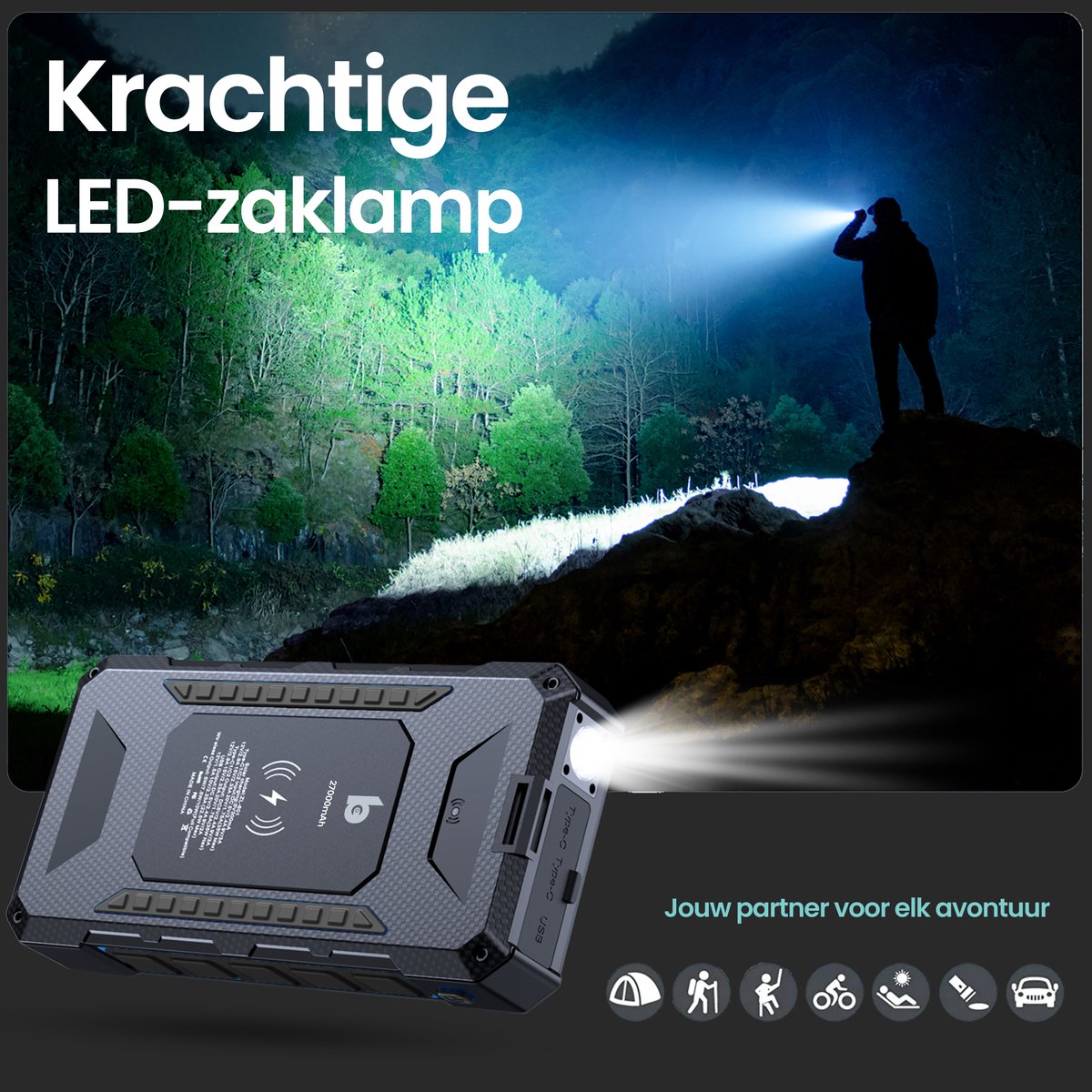 Banky 35W Solar Powerbank 27000mAh Draadloos Zwart - afbeelding 3