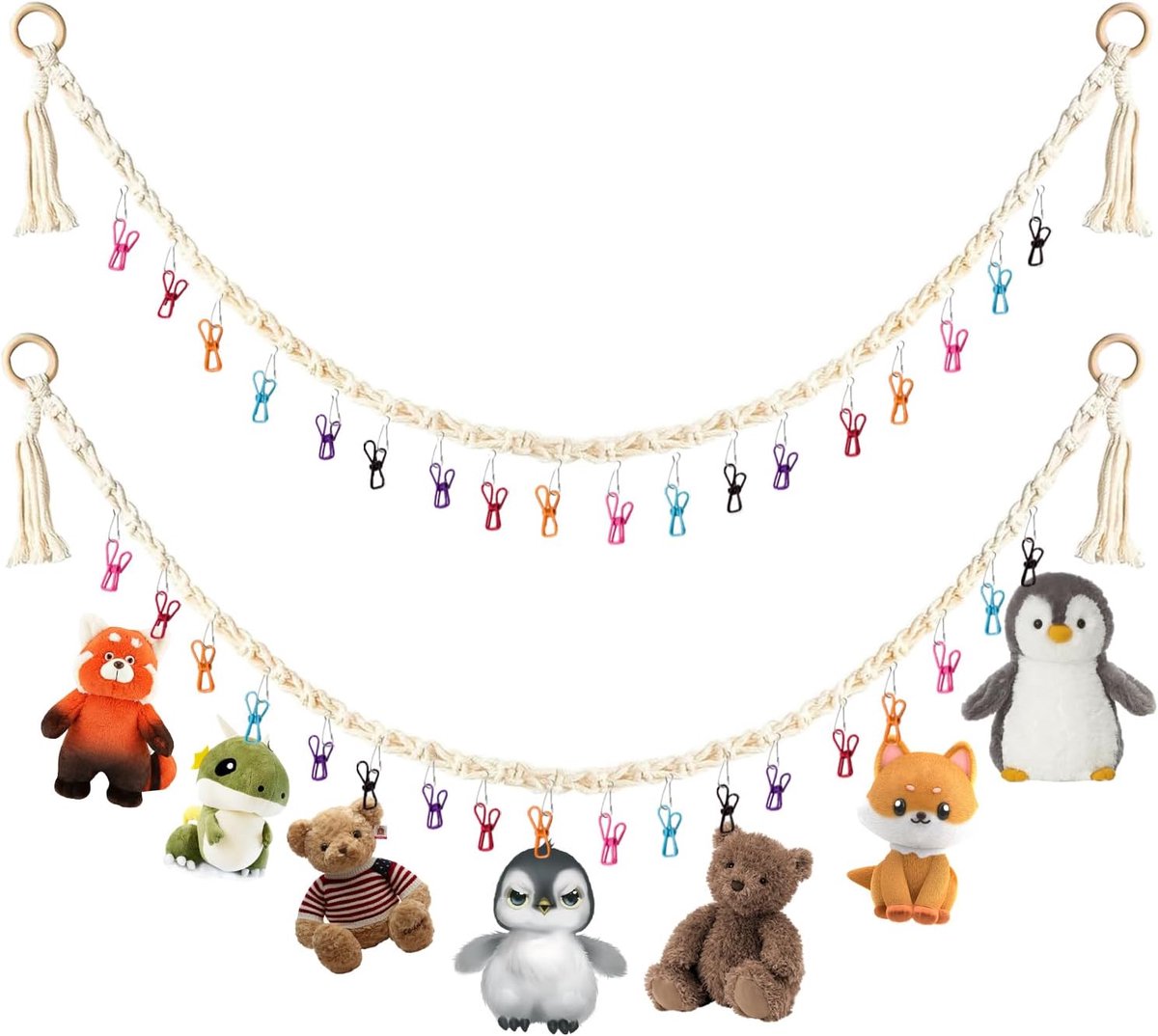 Opbergnet voor 2 Knuffels - Boho Katoenen Ophangnet - Inclusief 40 Kleurrijke Clips - Ruimtebesparende Oplossing - ShopVlot