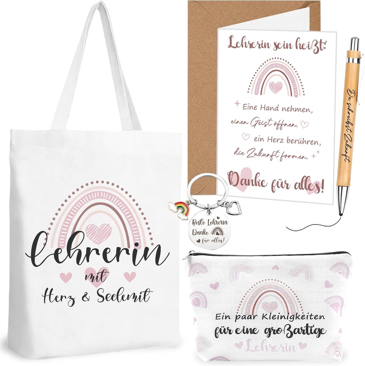 Set van 4 bedankjes voor lerares - zeiltas met sleutelhanger - bedankkaart en pen - ideaal als afscheidscadeau - ShopVlot