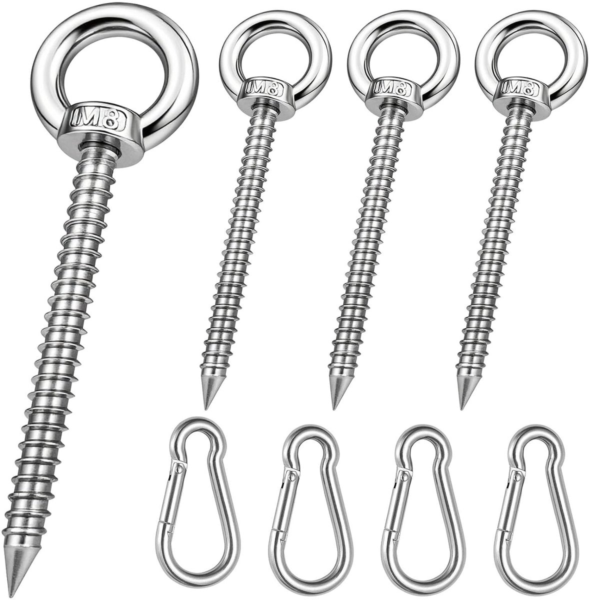 M8 Oogschroeven 80 mm - 304 RVS - Met 4 Platte Haken - Ideaal voor Hangmatten - ShopVlot