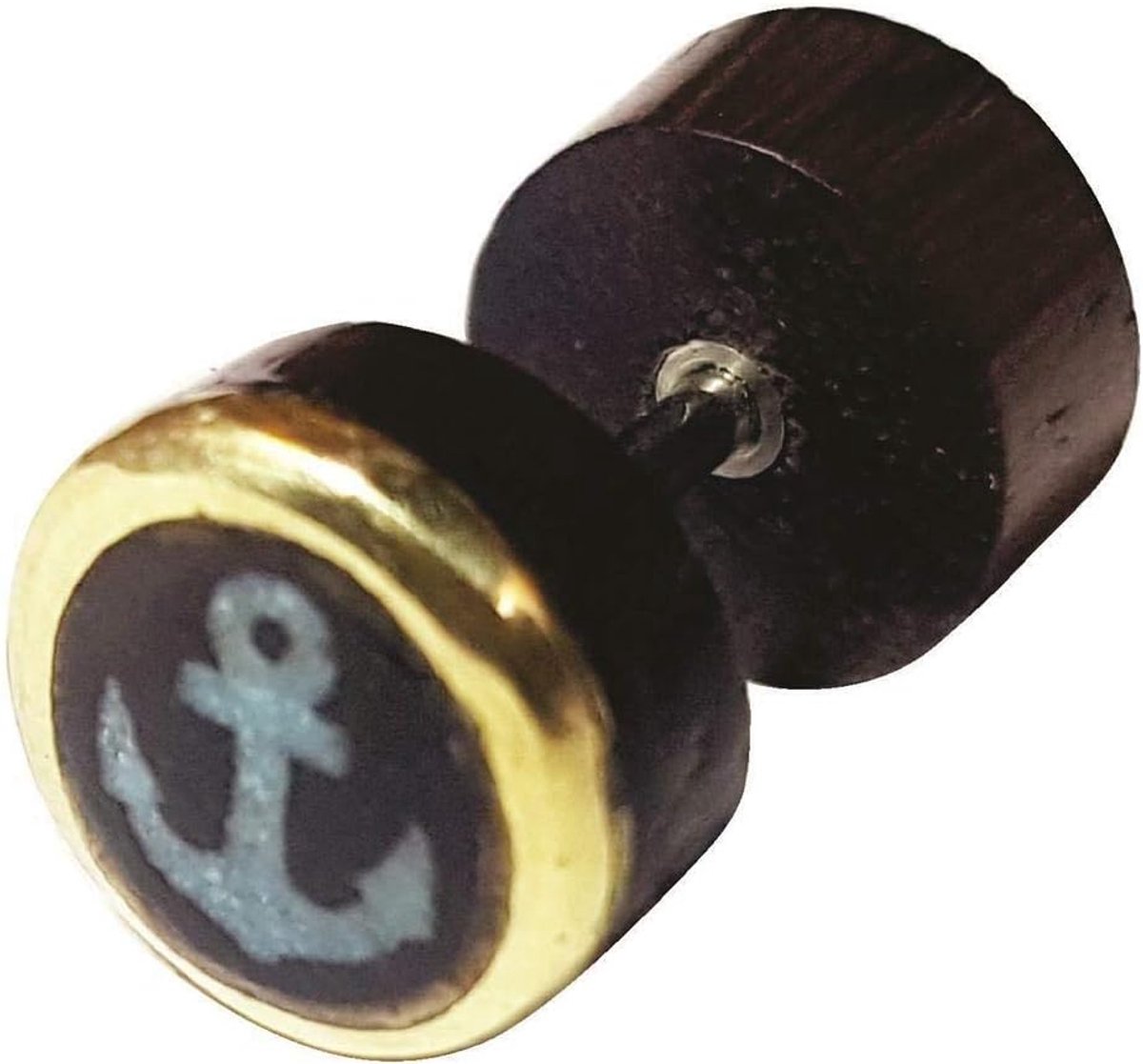 Dames heren Fake Plug Piercing Lobe Dehner Tunnel van hout in donker met roestvrij stalen pen schroefsluiting, rand goud beschilderd, Crushed Turquoise Steen Anker Pentagram Om schilderteser Kruis