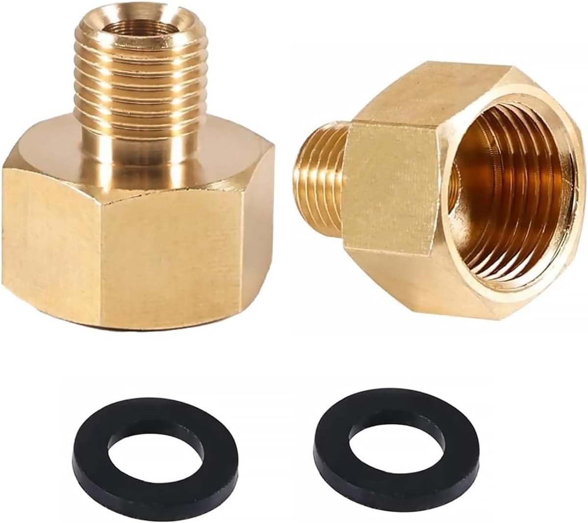 Gasadapter, messing gasadapter voor 1/2 inch IG x 1/4 inch gasfles gasfornuis, campingkooktoestel, AG messing gasflessen (2 stuks) met 2 rubberen afdichtingen