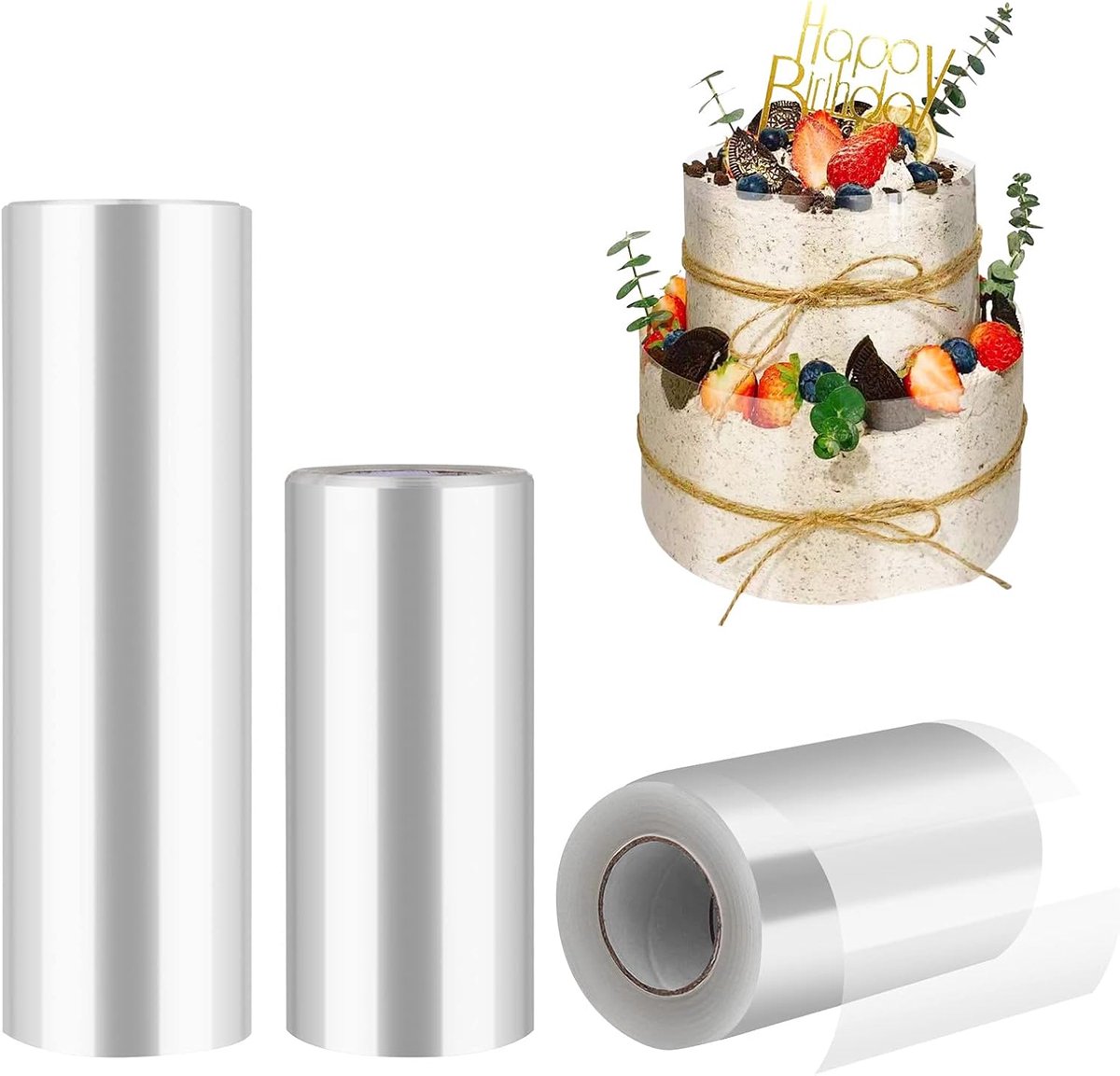 Shine Taartrandfolie herbruikbaar, 3 rollen acetaatfolie 8 cm/10 cm/15 cm hoog x 10 m, transparante rol voor taartdecoratie, chocolade, mousse, dessertringen