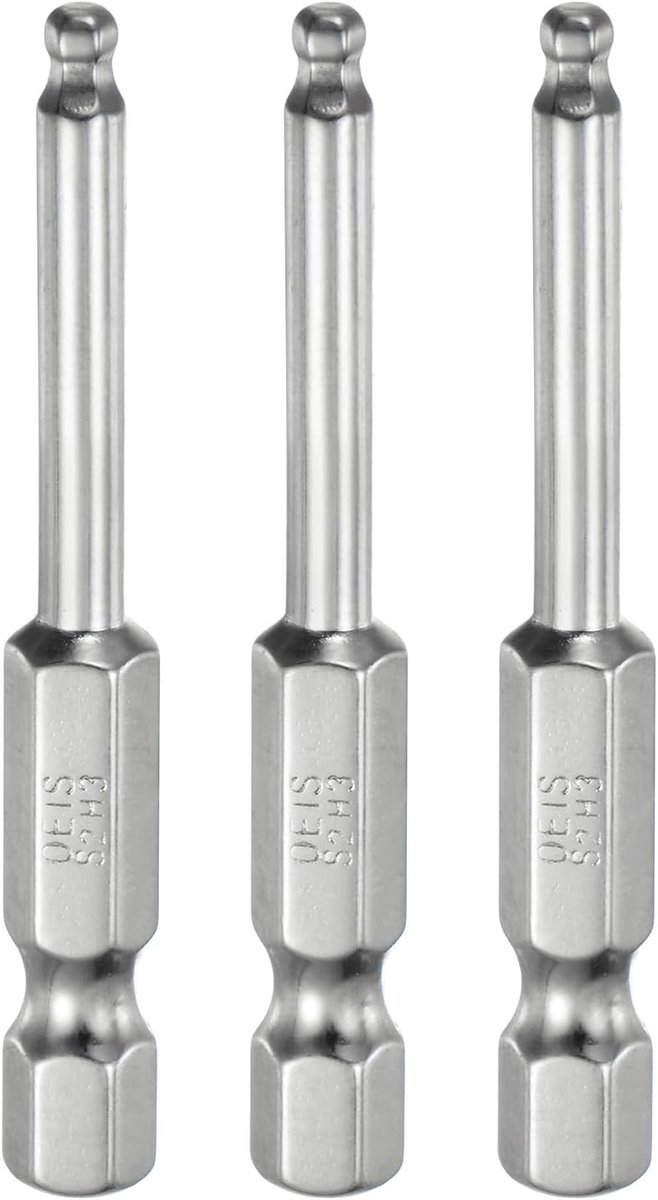 Set van 3 magnetische kogelschroevendraaierbits 3 mm (H3.0) grootte 1/4 inch zeskantschacht 50 mm (2 inch) lengte magnetische kogelkop staal S2 metrische punt