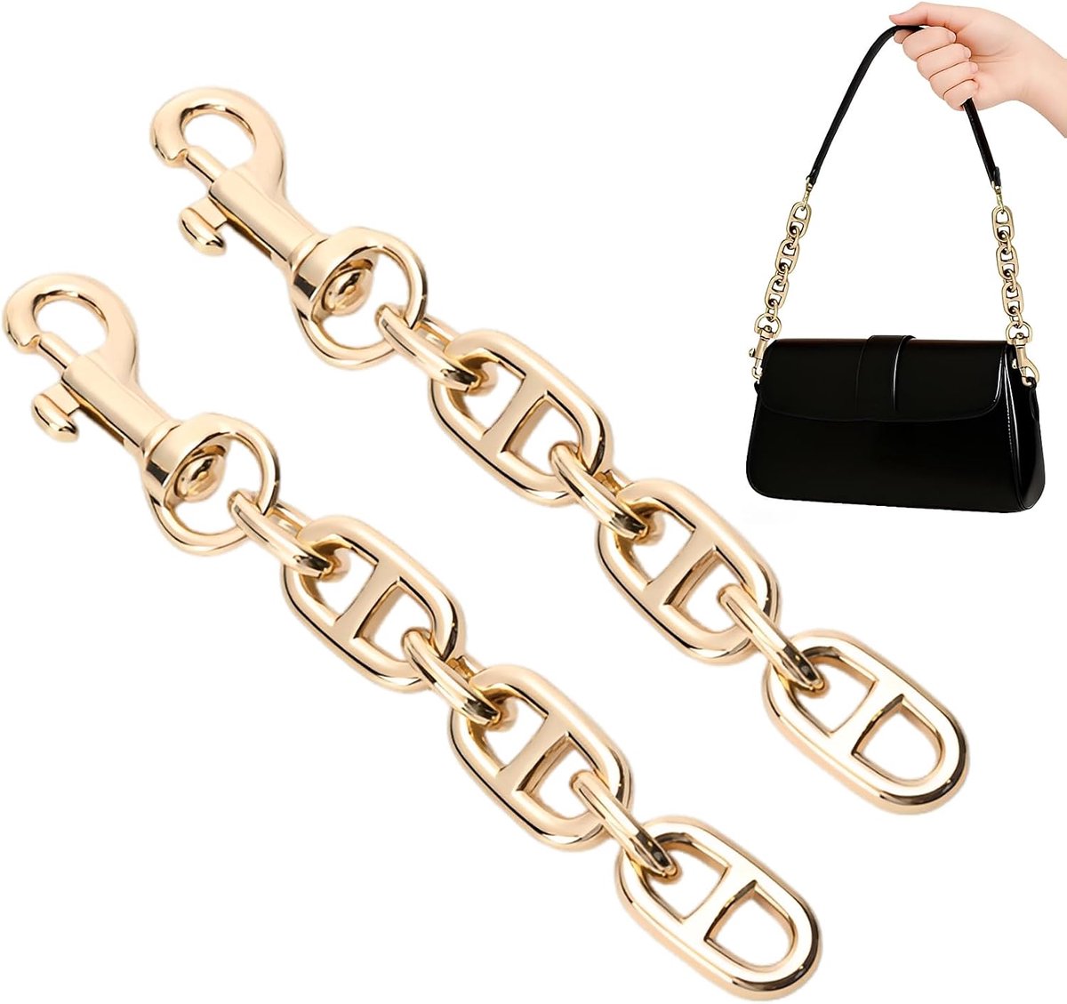 2 stuks verlengkettingen voor zakken, korte zakketting, gouden crossbody schoudertasriem, verlengkettingen met draaibare oogschroef, vervangende karabijnhaak voor tassenriem