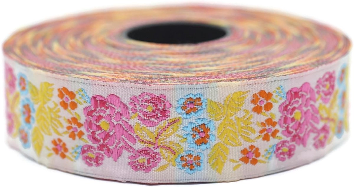 Jacquard Lint Weeft Fuchsia Roze en Hemelsblauw Geheime Tuin 10 m x 22 mm - Rollen Borduurband voor Naaien Decoratie 22097-V7