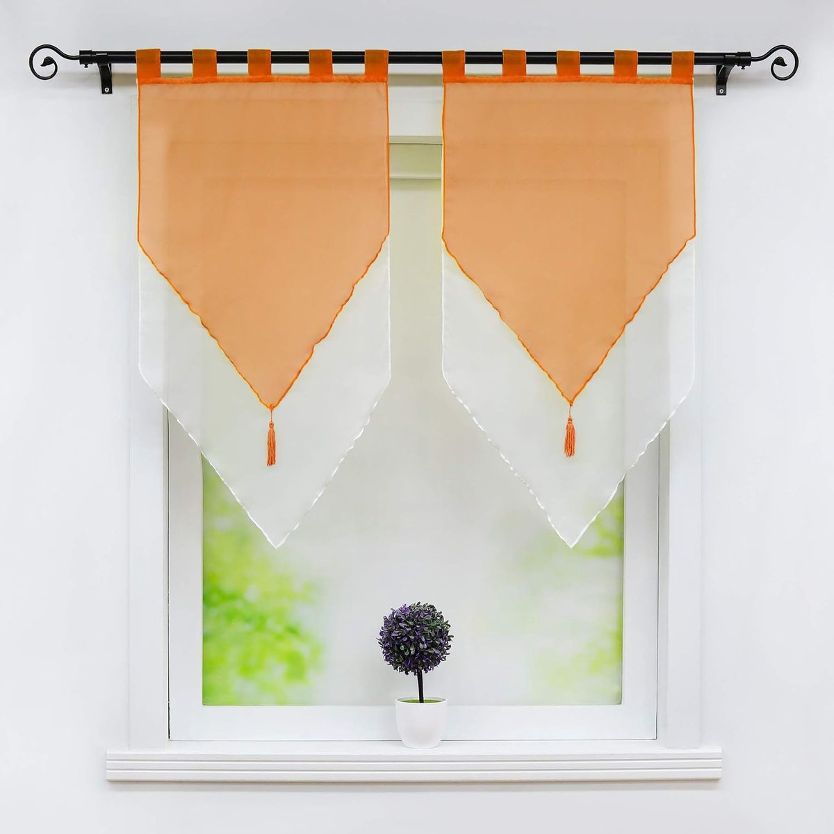Lydia Set van 2 Dubbellaags Transparante Polyester Schuifgordijnen met Franje met Pompon Raamdecoratie voor Keuken Woonkamer Oranje/Wit LxH 45 x 90 cm