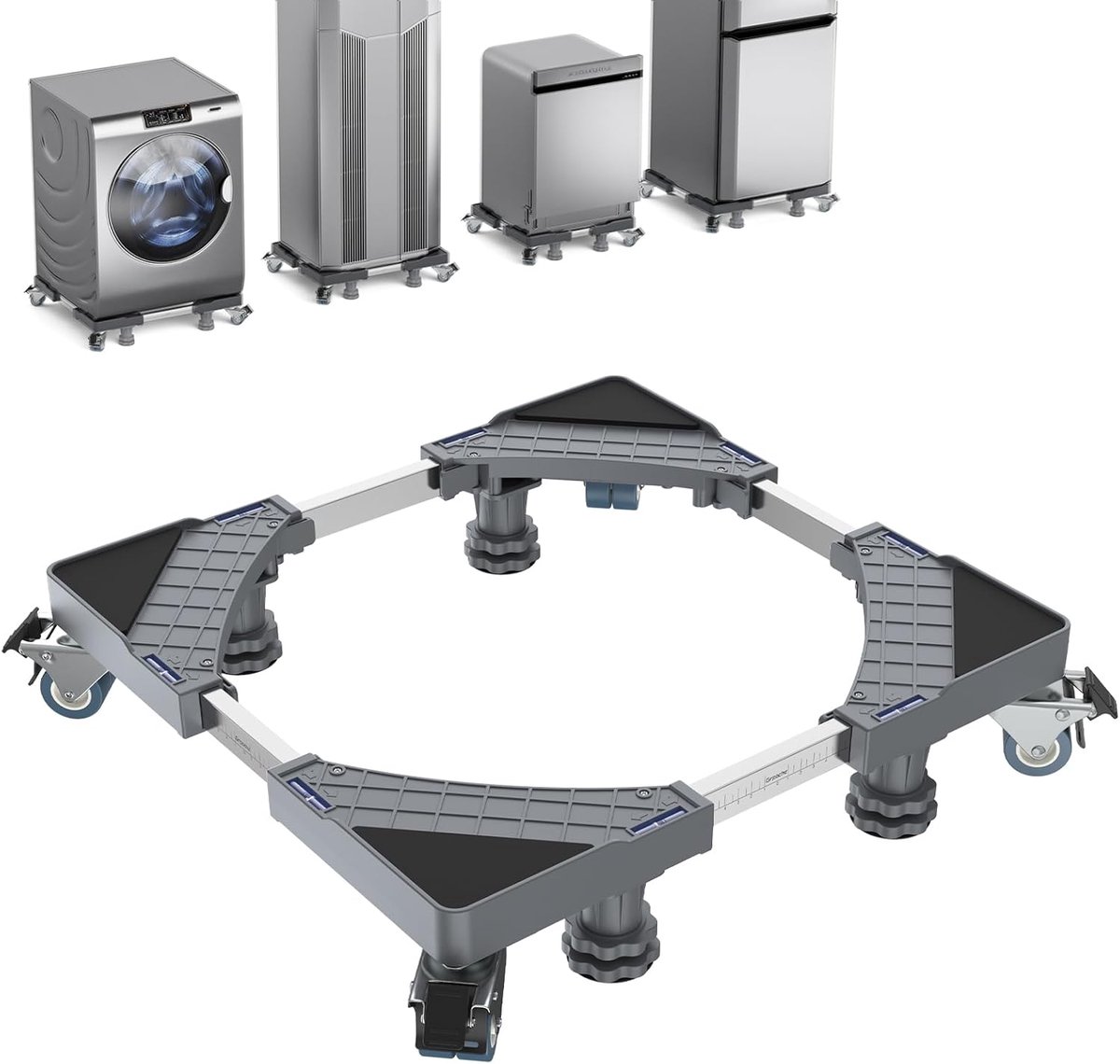 Wasmachinebasis met 4 Poten en 8 Vergrendelbare Wielen, Beweegbare Wasmachinesokkel, Plateau en Frame voor Wasmachine, Droger, Koelkast (Grijs, Instelbaar: 45,5-65 cm)
