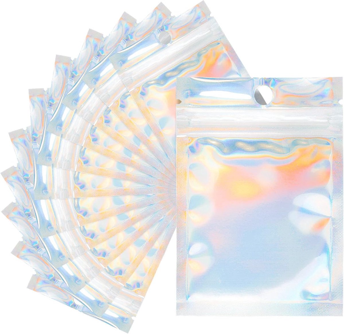 JijAcraft 9 x 12 cm kleine Mylar zakjes, cadeauzakjes met ritssluiting, 100 stuks, holografische foliezakjes met sluiting, Mylar druksluitingszakjes met venster, voor sieraden, cadeau
