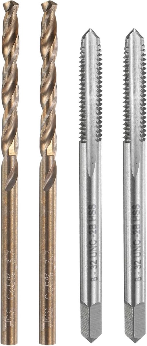 Schroefdraadtap-set, 2 stuks 8 32 UNC rechte schroefdraadtapes en 2 stuks 3,3 mm spiraalboren, ongecoat/roodgeel HSS 6542/M35 HSS CO-set