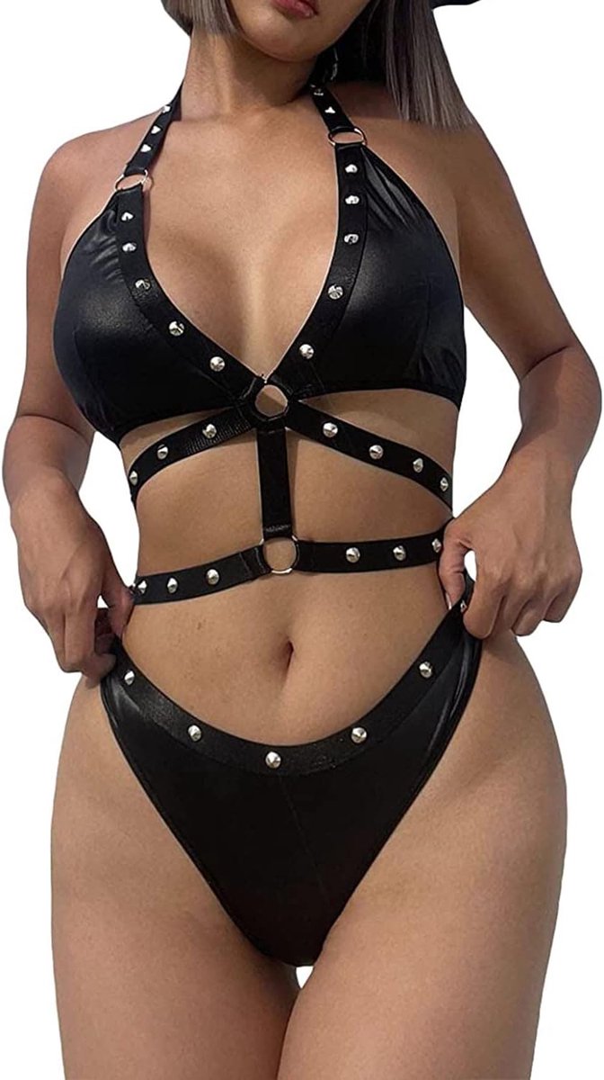 Cowgirl-kostuum voor dames, lederen bikini, sexy duivel, cosplay, lingerie, bezaaid bandage, outfit, 2-delig badpak met hoge taille