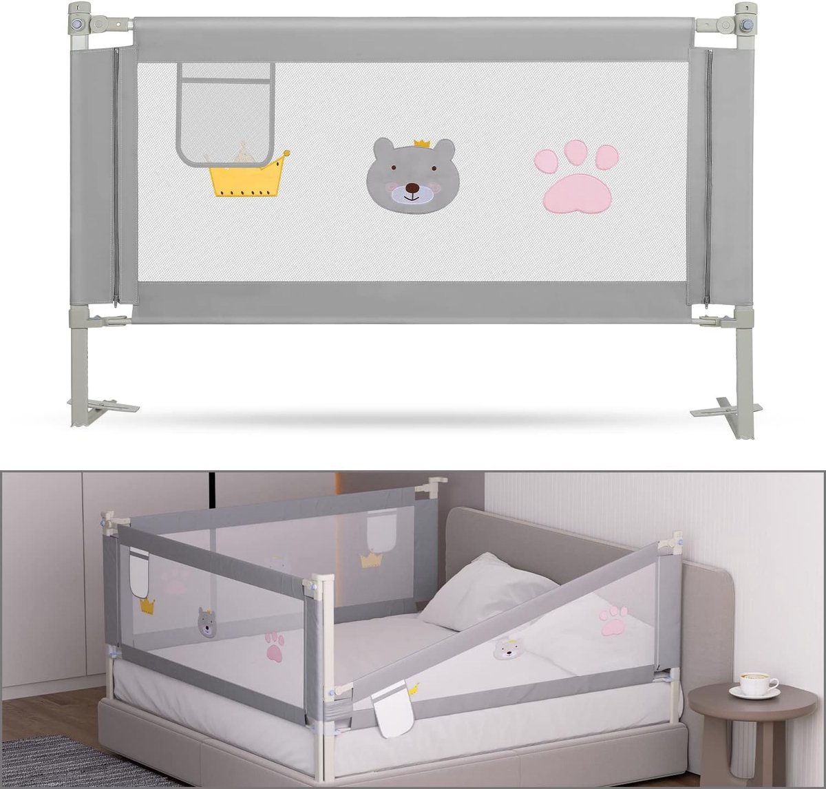 Bedhekje van 150 cm, uitvalbeveiliging, kinderbedhek, in hoogte verstelbaar, 70-98 cm, bedhekje voor kinderen, babybedhek met luchtig net, stabiel en gemakkelijk te monteren, grijs