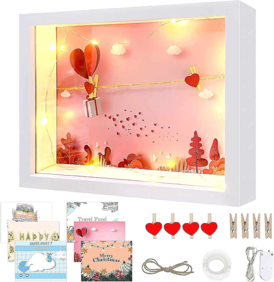 3D-Fotolijst om te Vullen, Diepe Fotolijst Met 6 Themafoto's, Huwelijkscadeau, Spaarpot, Doe-Het-Zelf Met 1 M Led-Lichtketting (Wit)