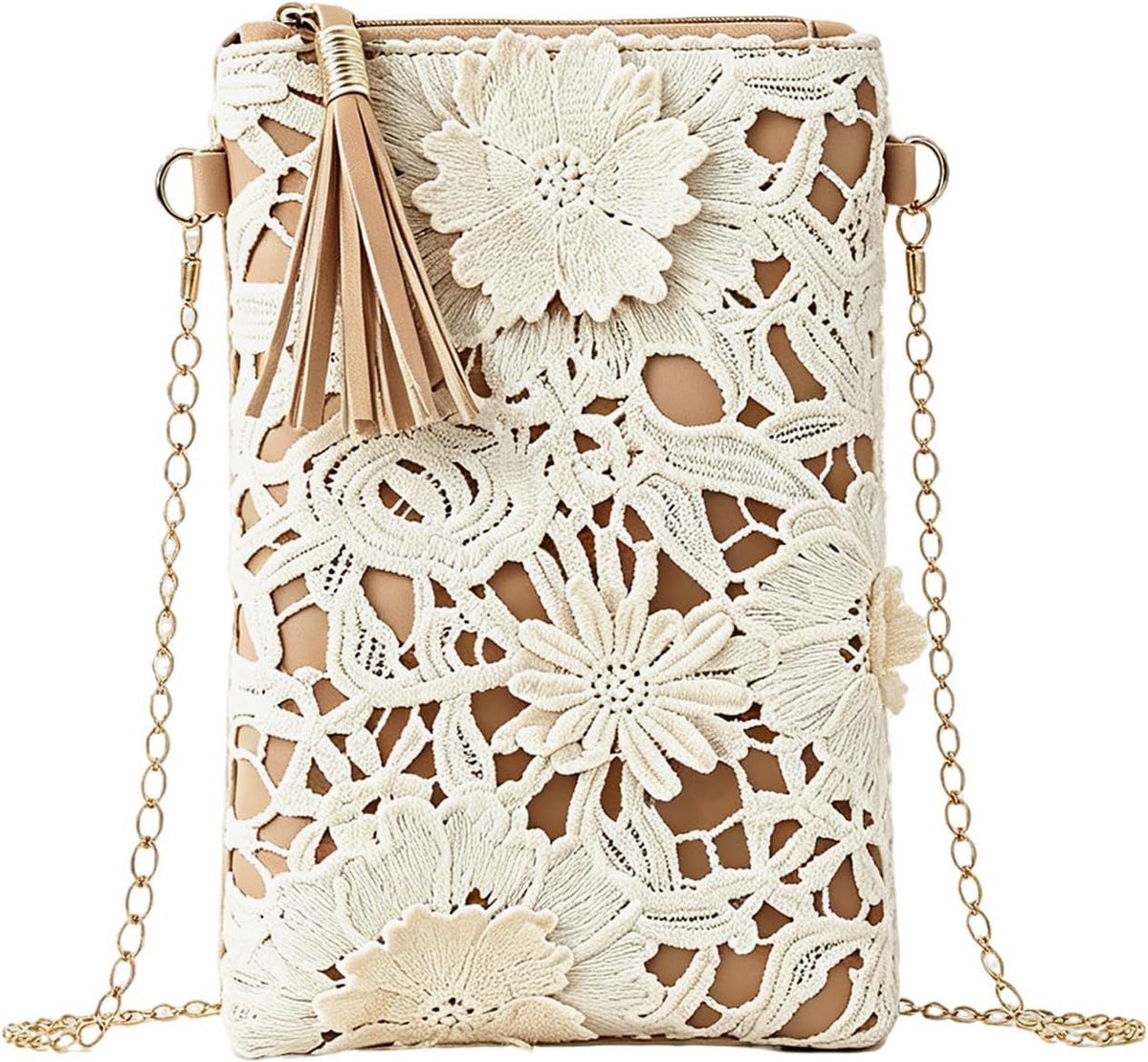 Crossbody tas, uitgesneden geweven bloemen cross body tas vrouwen met rits, lederen bruine mobiele telefoon strandtassen met metalen ketting voor dames zomer strand vakantie reizen dating