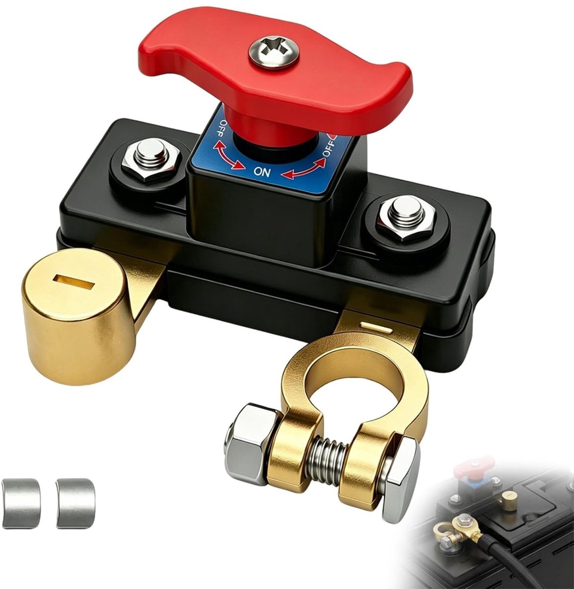 12 V-24 V voor auto, boot, vrachtwagen en tractor | Draaibare messing klemmen, 90° aan-uit-hendel, compacte montage voor overwintering, onderhoud en duurzame seizoensopslag