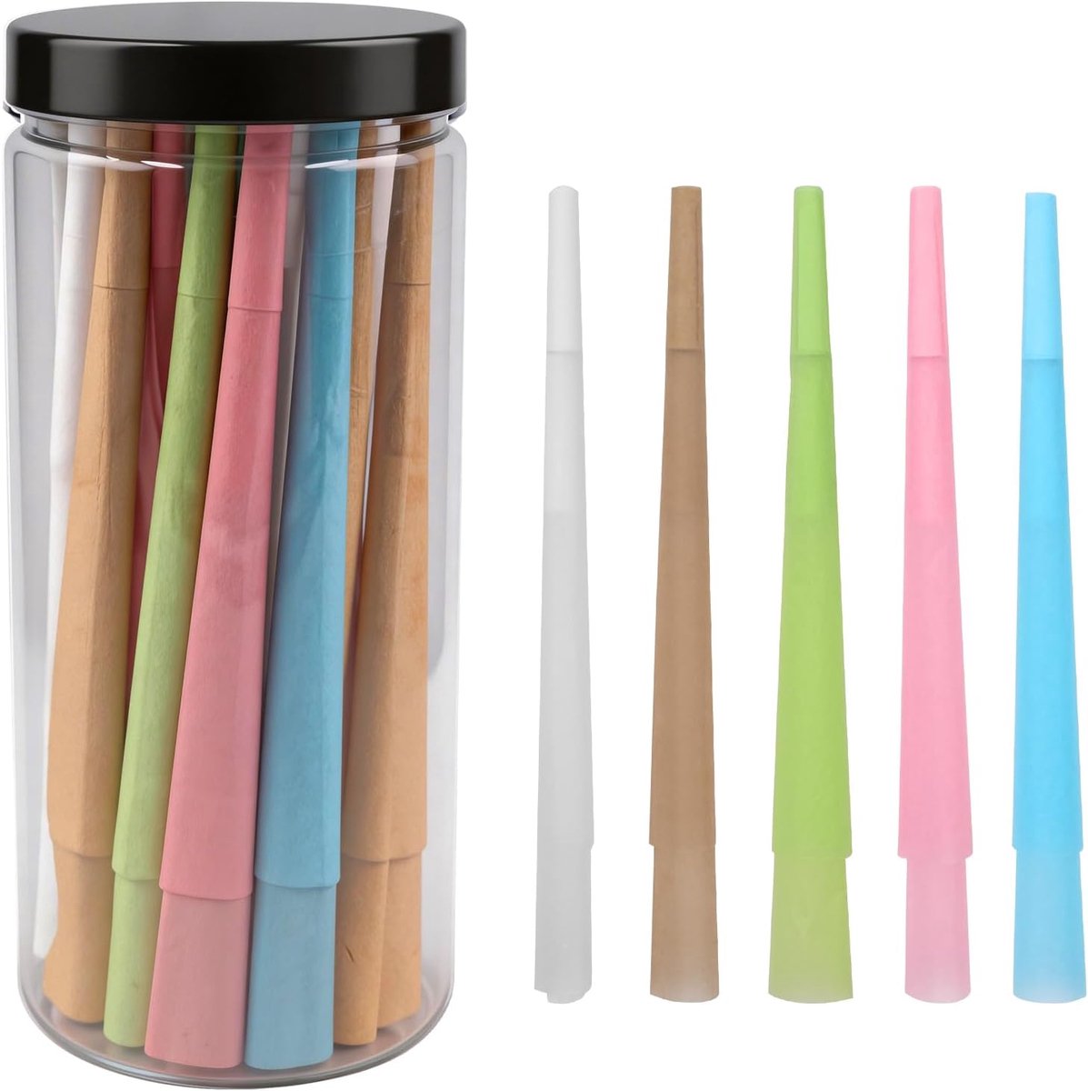 50 stuks king size 108 mm conische voorgedraaide hulzen, rainbow cones met tips, pre rolled cones in flesverpakking, gemengde kleuren, papieren hulzen om te vullen en te bewaren