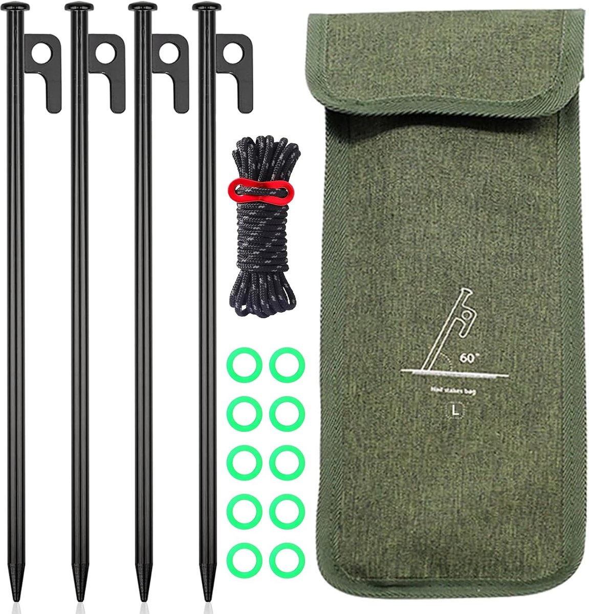Tentharingen stalen haringen, 30 cm, stormbestendige set, 4 stuks haringen, stevig voor kamperen en outdooractiviteiten, inclusief lichtgevende veiligheidsring en praktische opbergtas