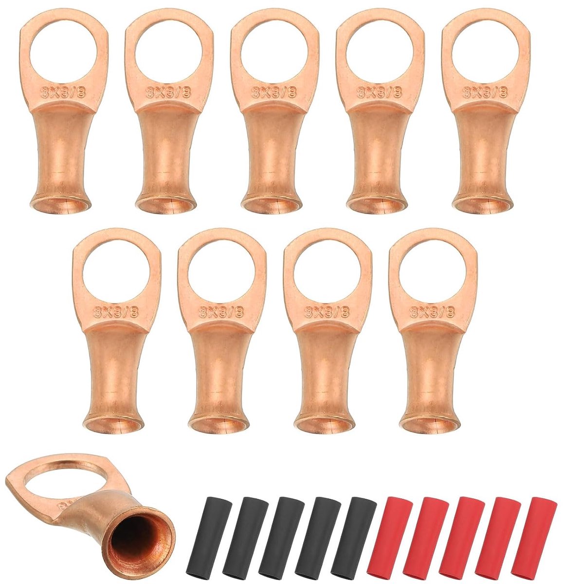 10 stuks M10 8 AWG batterijkabelschoenen, ringklemmen, kabelopzetstuk voor beugel 3/8 inch 10 mm van koper, krimpommanteling 3:1, goudkleurig
