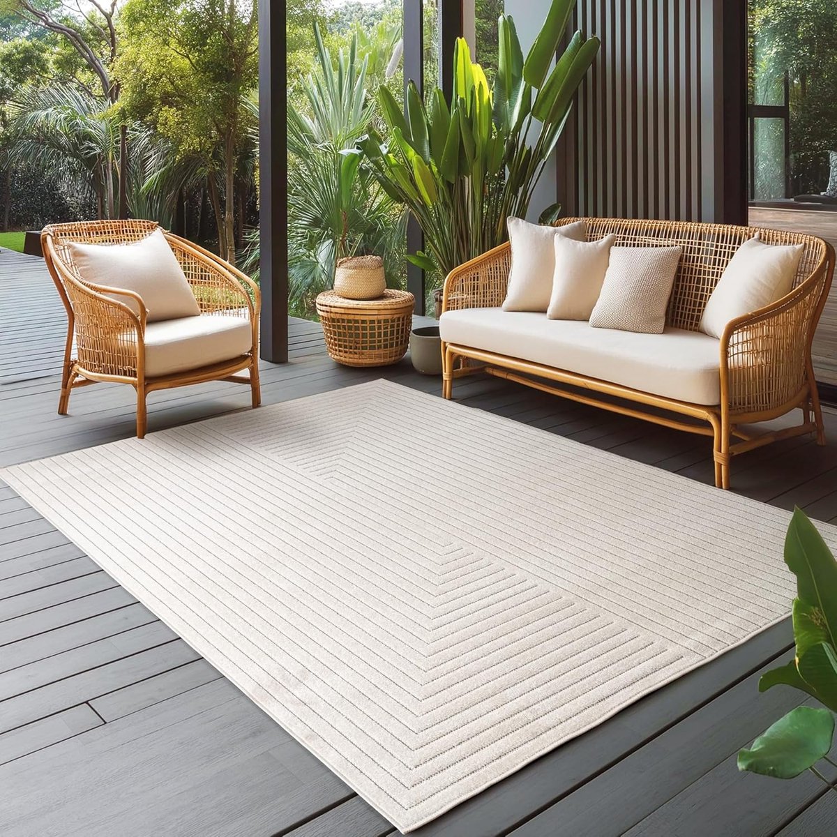 Vloerkleed voor buiten, waterbestendig voor woonkamer, slaapkamer, Laagpolig Ivoor, Hoog-Laag Effect, Zacht en Wasbaar, Geschikt voor Buiten, 200x290 cm