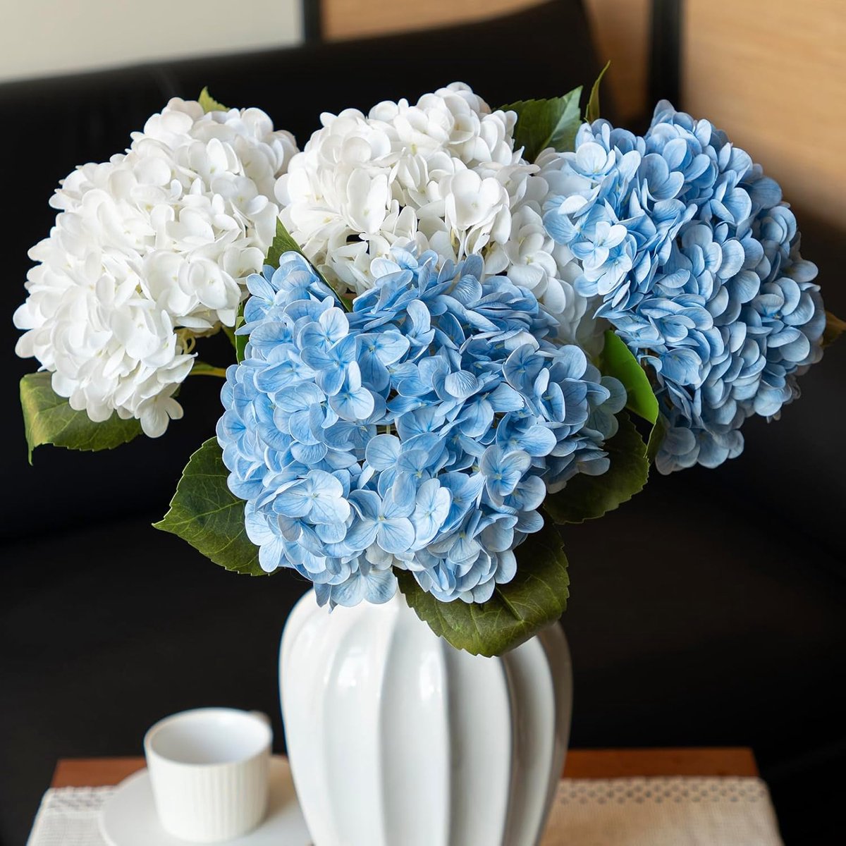 Kunstbloemen grote hortensia's bloemen latex boeket voor bruiloft bruids kantoor thuis feest decoratie (2 stuks wit + 2 stuks blauw)