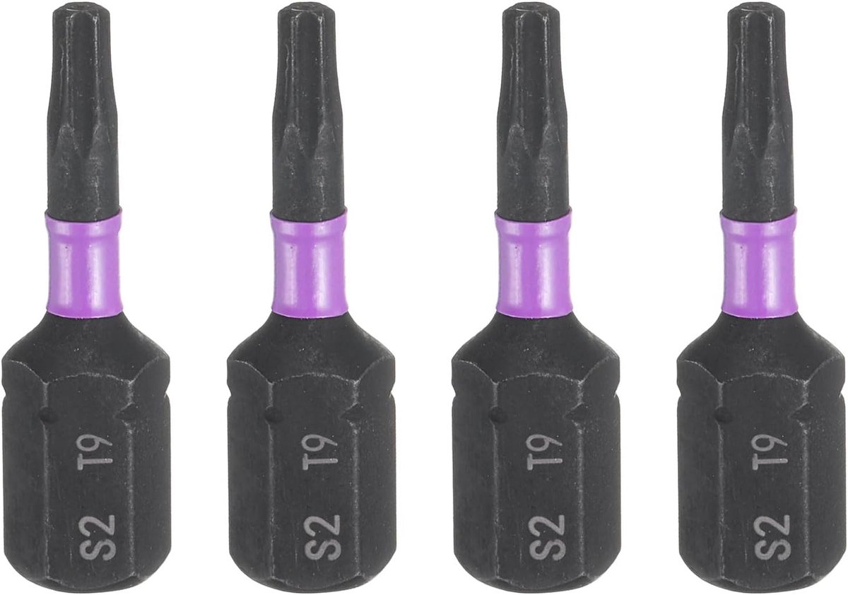 4 schroevendraaierbits Torx T9 1/4 inch zeskant 25 mm/1 inch lengte magneetkop met 6 punten van staal S2 industriële schroevendraaier voor elektrische boormachine