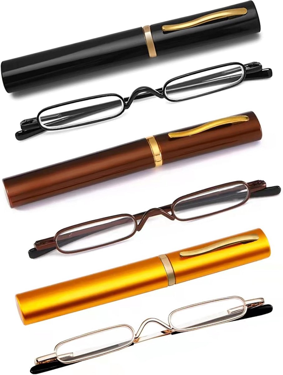 3 Pack Mini Slim Pen Leesbril - Compacte lezers met Pen Clip Case Spring Hinge Metal Frame Bril
