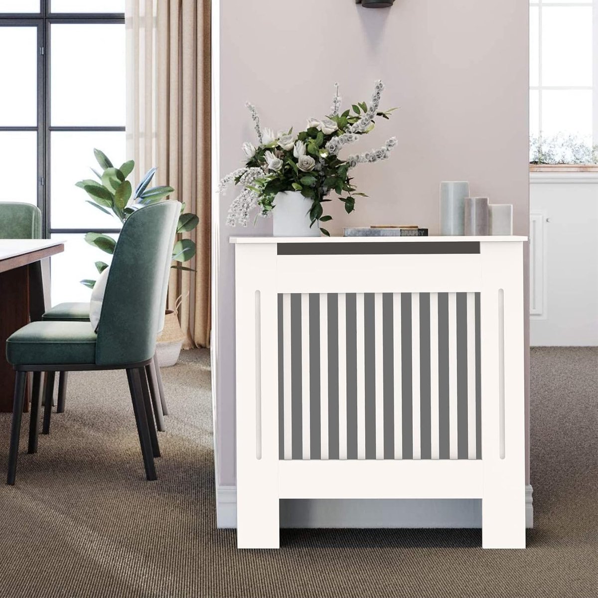 Radiatorbekleding, 78 × 19 × 92 cm, hoge radiatorafdekking, verticale lamellen, hout, wit, van MDF, gelakt, landelijke stijl, voor slaapkamer, woonkamer, kantoor, radiatorafdekking