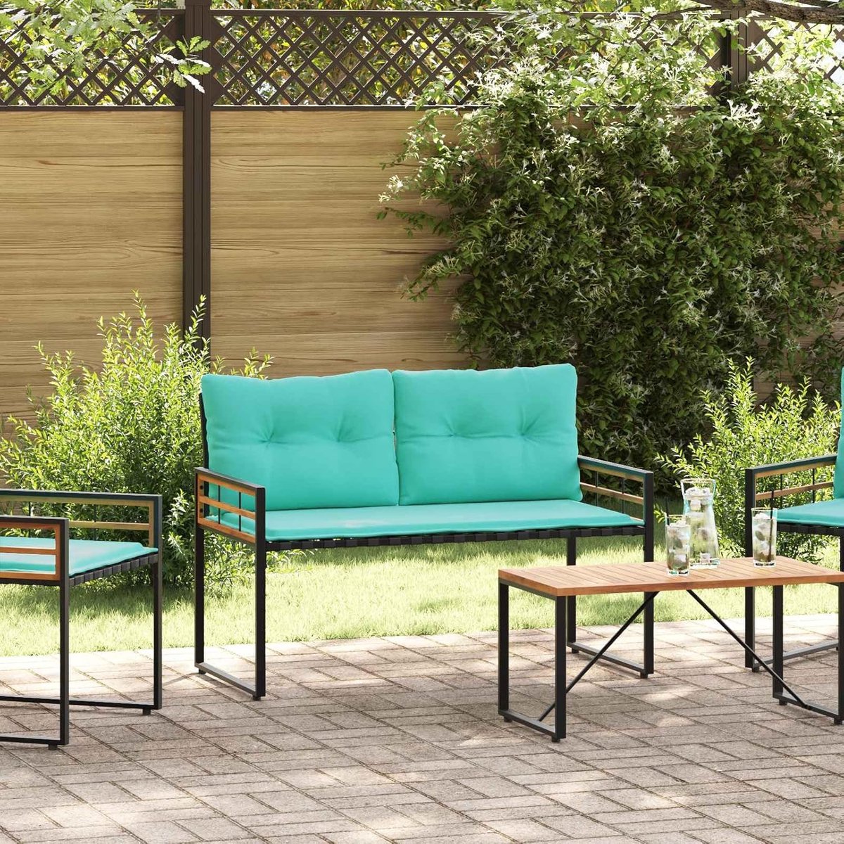 Bank van acacia, met afneembaar turquoise kussen, 114 x 55 x 77 cm, verstelbare poten voor tuin, balkon of terras
