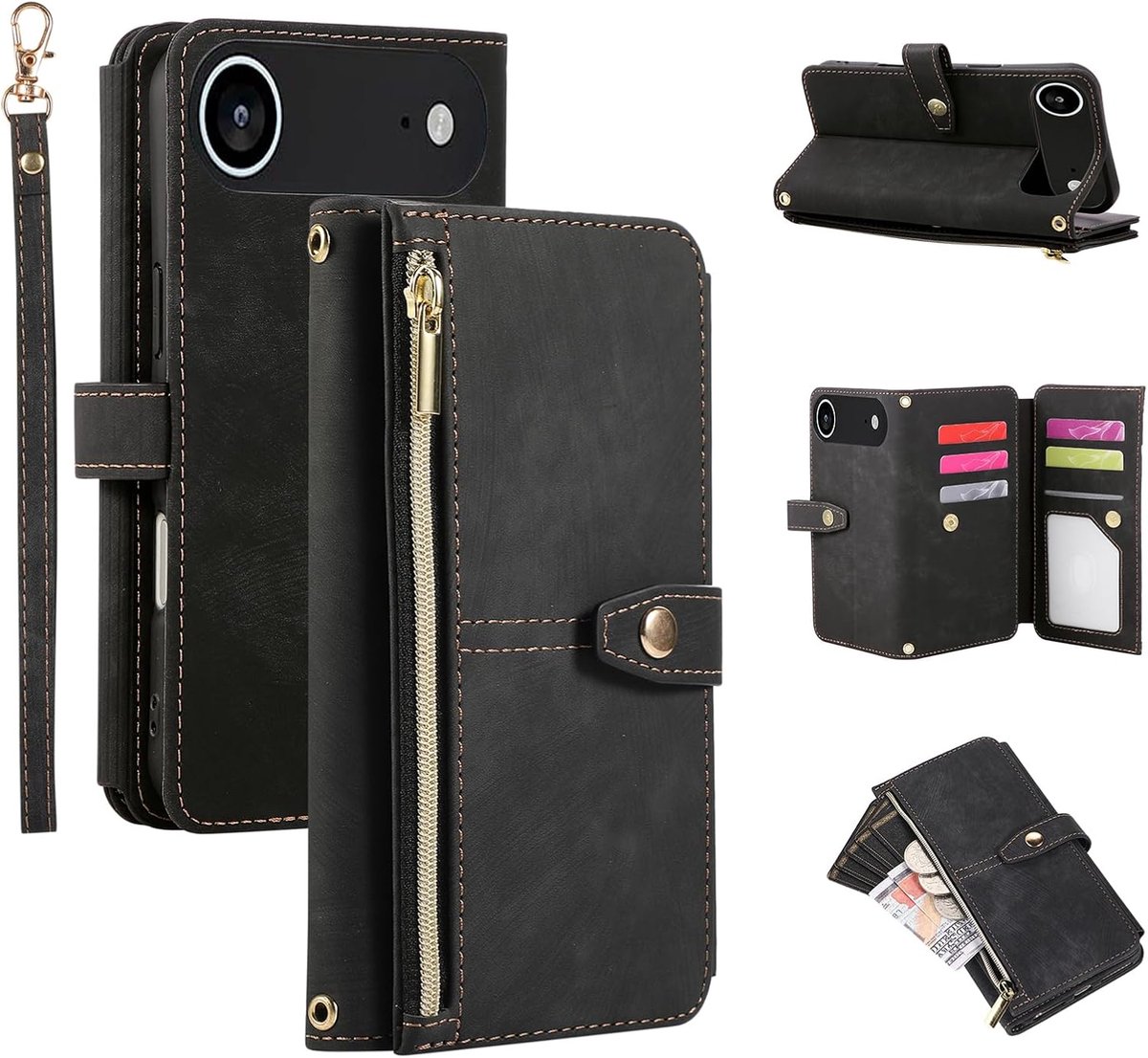 Hoes voor iPhone Air, 9 kaartvakken, retro, lederen portemonnee, schokbestendig, flipcase met handlus, standfunctie, ritssluiting, telefoonhoes met magneetsluiting, retro, zwart