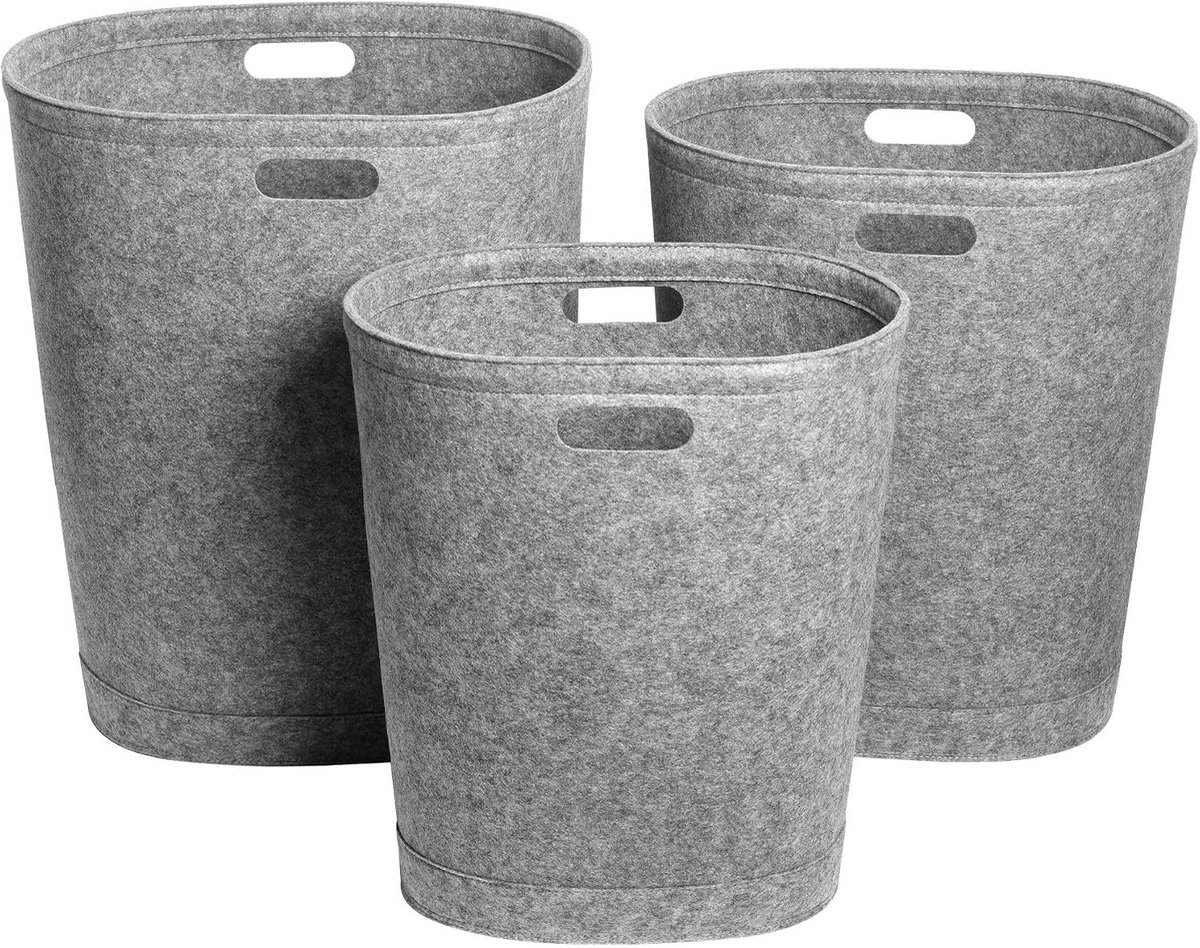 Wasmanden – Opvouwbare vilten wasmanden 80L, 60L en 40L – Antracietgrijs, wasbaar met handvatten – Ovale waszakken voor badkamer, slaapkamer & organisatie