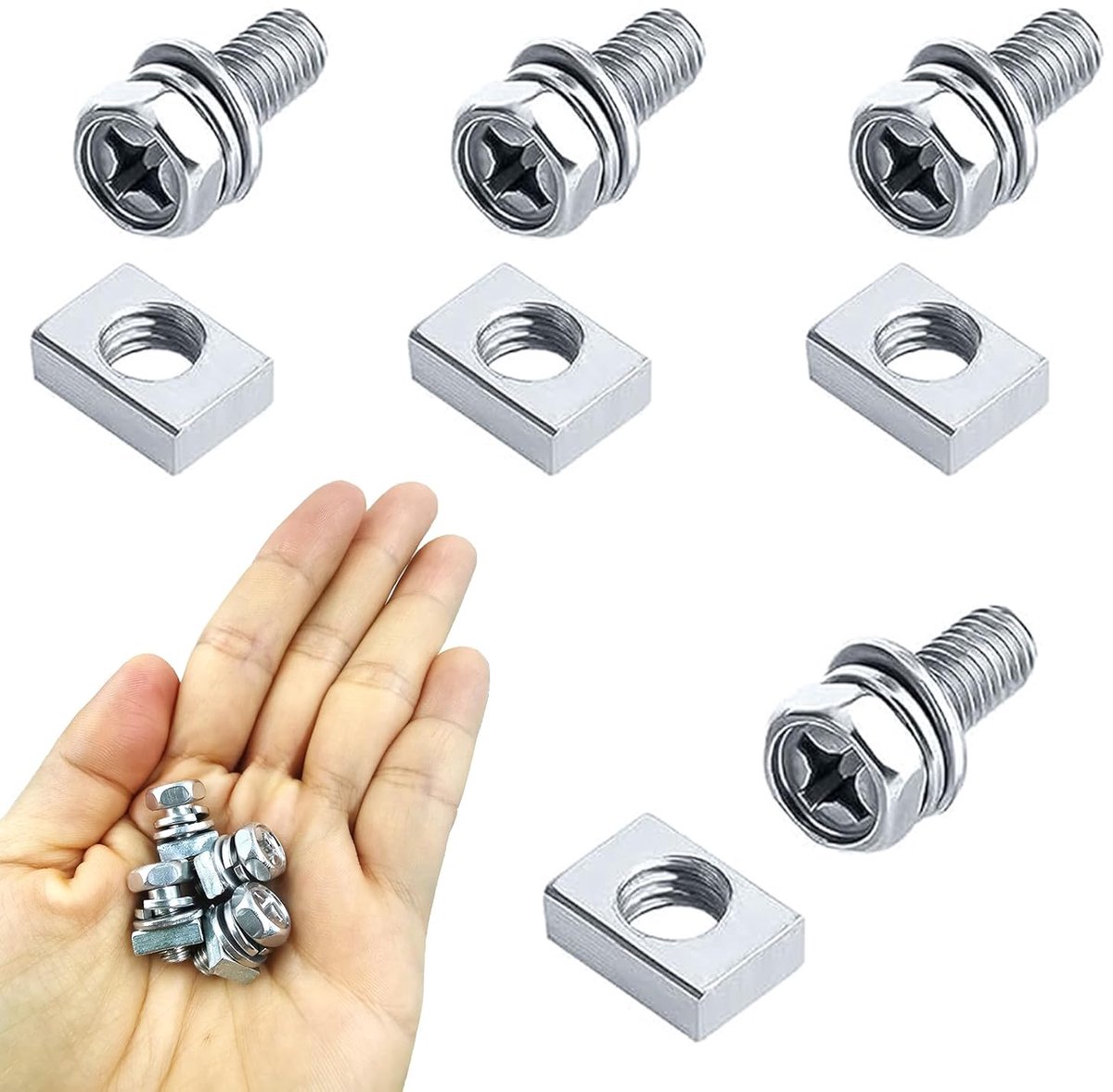 4 stuks M6 schroevenset, zeskantschroeven, M6 x 12 mm met platte sluitringen, M6 roestvrij staal, veerringen en vierkante moer, schroeven, moeren, machineschroeven, kopschroeven voor doe-het-zelvers