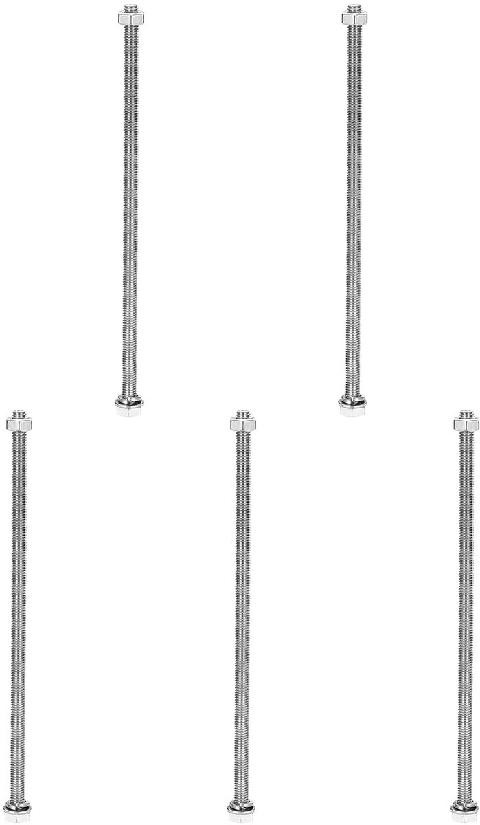 Assortiment zeskantschroeven M6 x 200 mm roestvrij staal 304 met moeren, platte sluitringen en vergrendeling, volledige schroefdraad, afwerking voor huis, elektronica, 5 sets