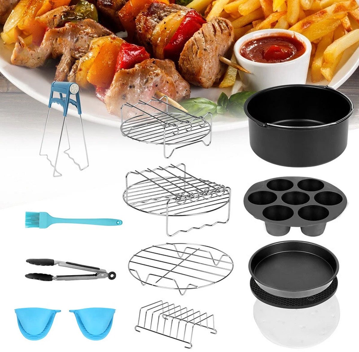 13-delige Airfryer Accessoireset - 7 Inch - Dienblad & Grill