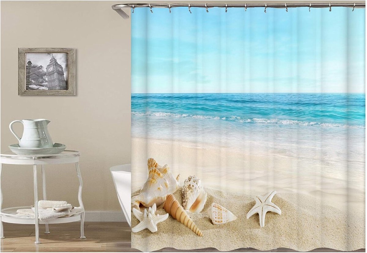 AmDxD Polyester Shower Curtain Beach Wave Star Triton Horn Design Bath Curtain Bath Curtain Fur for Bathtub Washable - ShopVlot