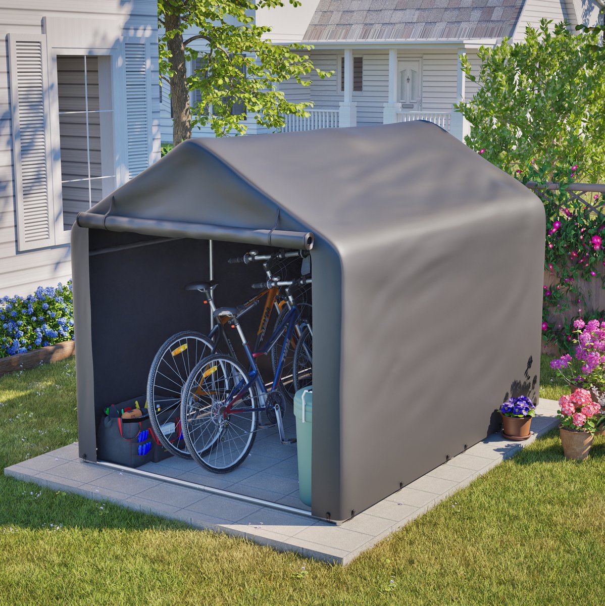 Fietsgaragetent - Waterdicht En Windbestendig - 160 X 220 X 165 Cm - Staal En Polyetheen - Grijs - Voor Fiets En Tuingereedschap - Met Roldeur