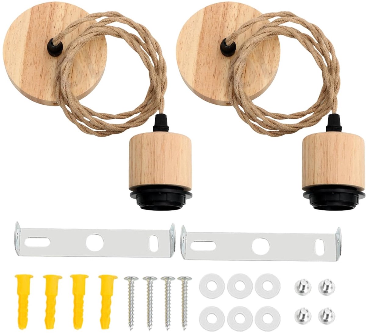 Hemp rope hanglamp E27 met houten lampenhouder - natuurlijke afwerking - ideaal voor keuken en café - SnelShoppen