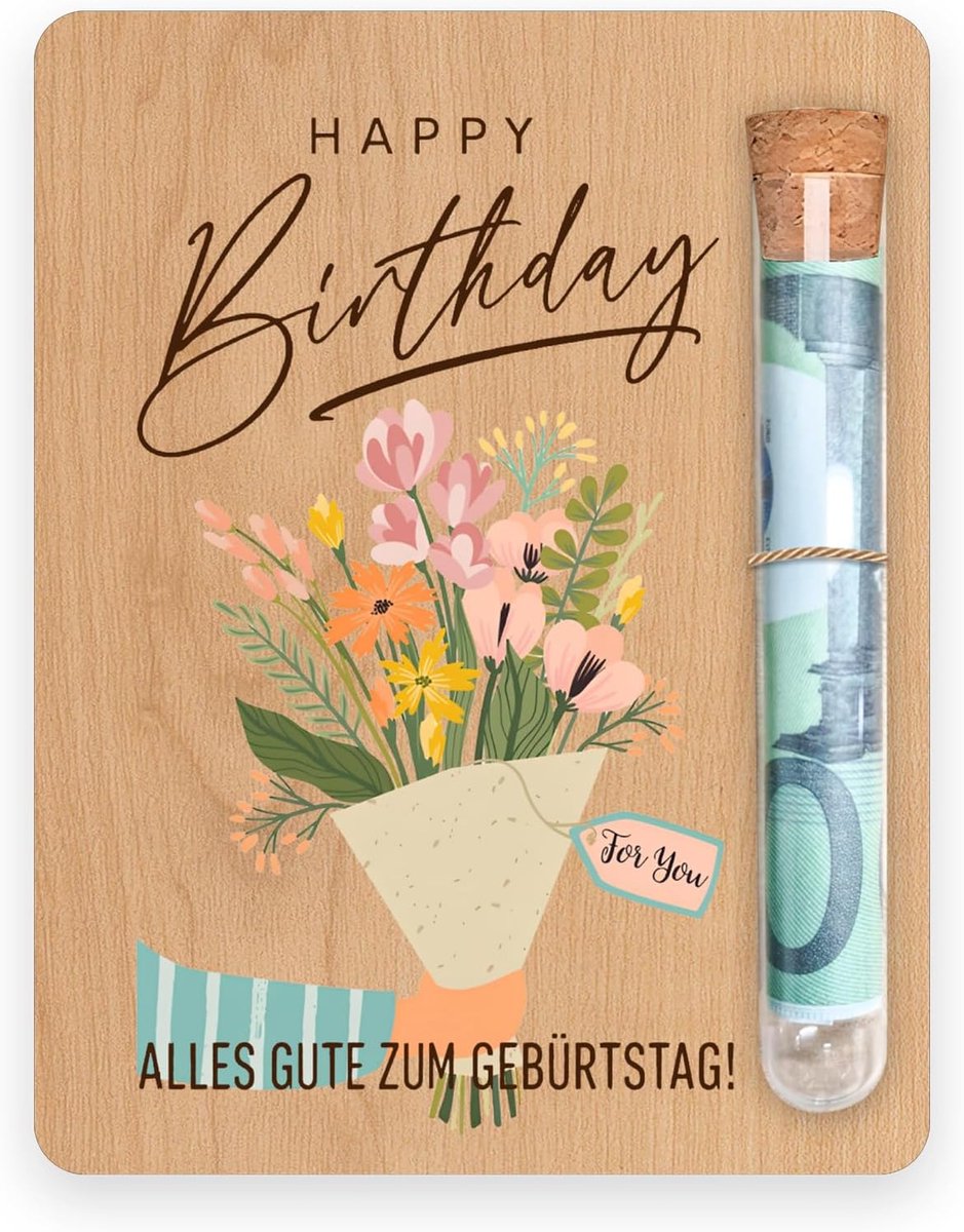 Geldgeschenken verjaardag - houten kaart 13 x 10 cm - met glazen buisjes en envelop - creatief cadeau voor vrouwen - SnelShoppen