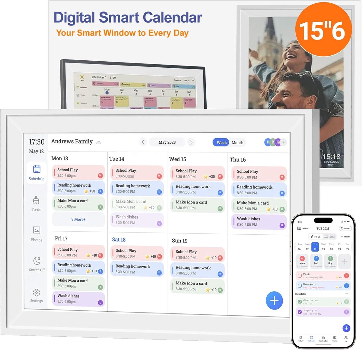 Digitale kalender 15,6 inch - Smart WiFi touchscreen - Familieplanner met to-do lijst - Organiseer jouw gezinsleven - SnelShoppen