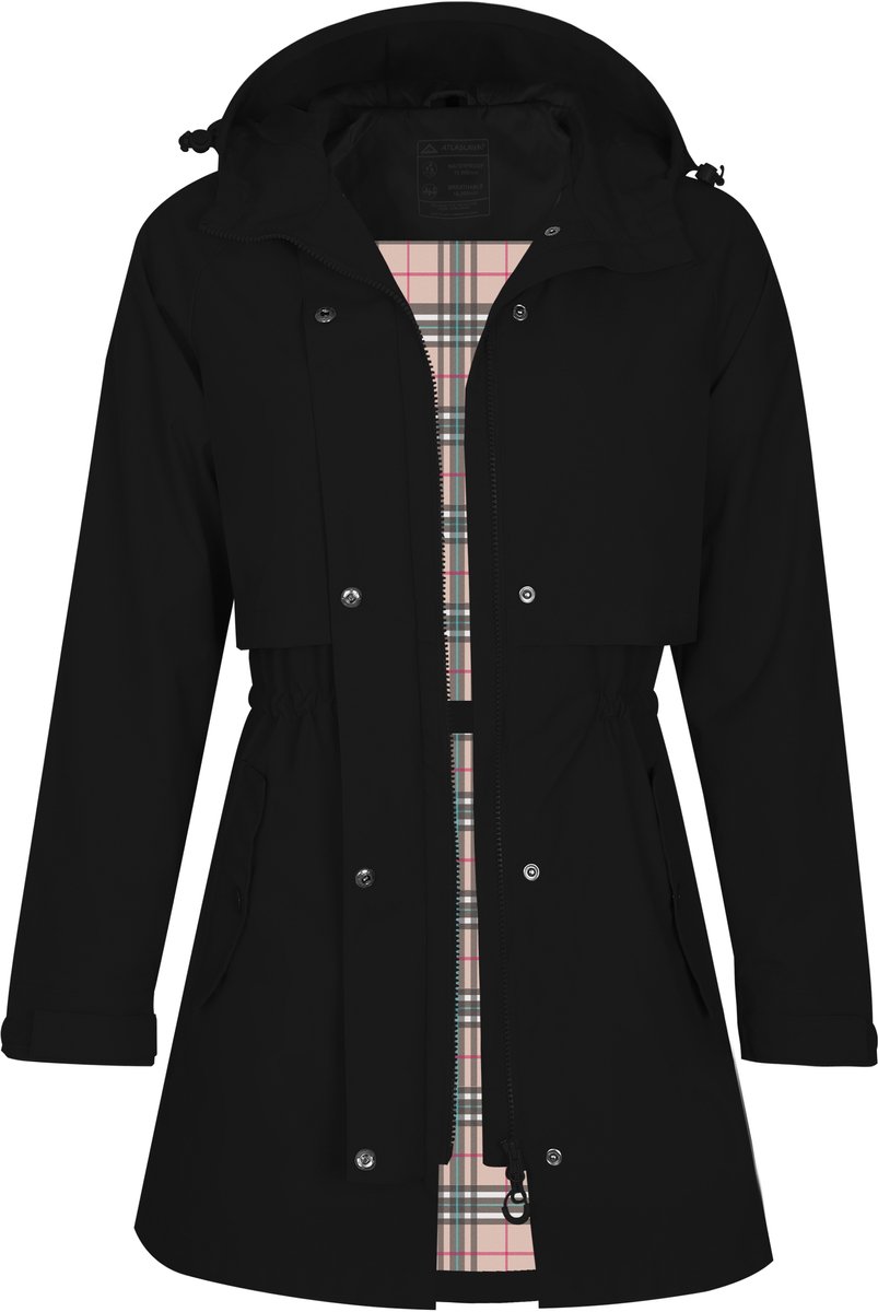 ATLASLAVA Dames regenjas - regenmantel - waterdicht met capuchon - vrouwen regenjack - overgangsjas - outdoor lente zomer herfst - XL - Zwart