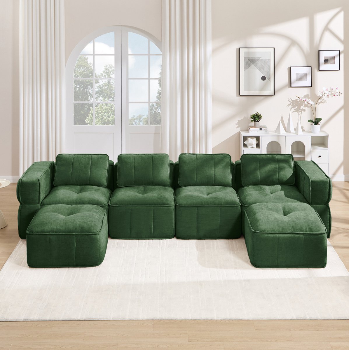 STILVORA U-Bank 344 x 162 cm - Modulaire 4-Zits Met 2 Hockers En 32D Schuim - Voor Woonkamer En Lounge - Polyester - Groen