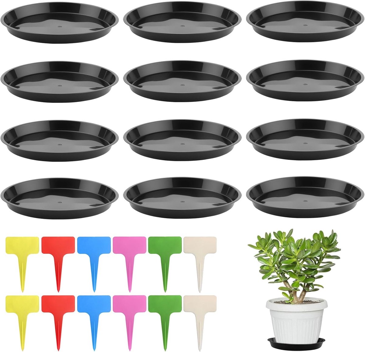 Bloempot onderzetter 30 cm - kunststof rond zwart - set van 12 met etiketten - ideaal voor binnen en buitenplanten - SnelShoppen