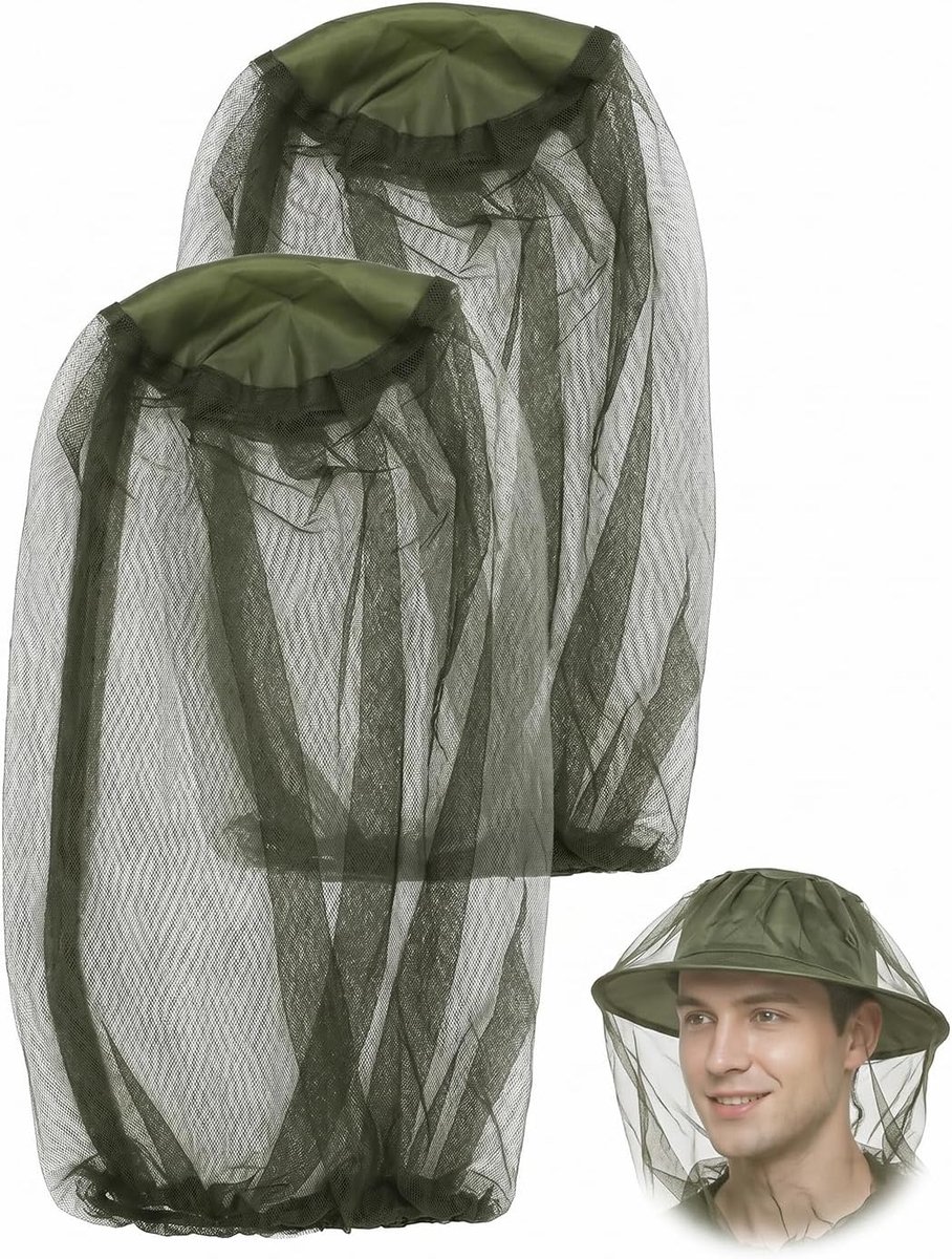 Insectenwerend net voor het hoofd - 2 stuks - legergroen - ademend en helder zicht - ideaal voor wandelen en jagen - SnelShoppen