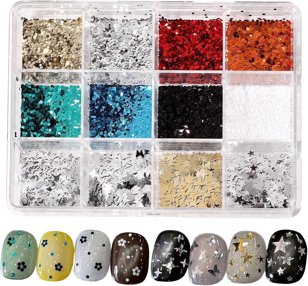 Nagelglitter set 12 kleuren - kleurrijke confetti sterren, stippen en vlinders - SnelShoppen