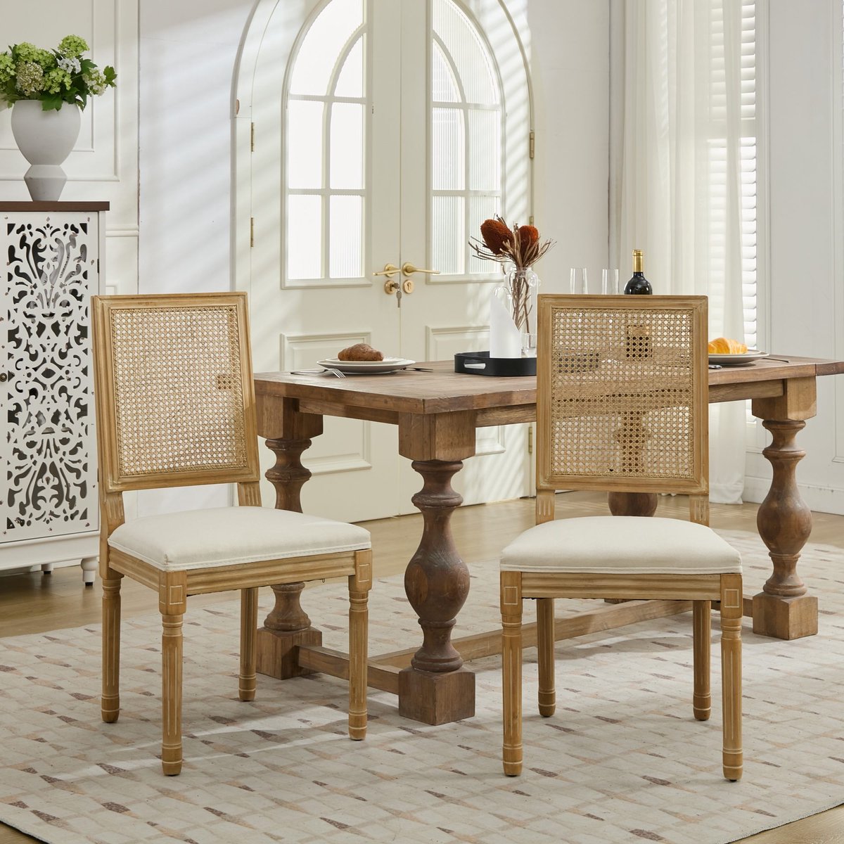 Clruro Eetkamerstoelen - 2 Stuks - Franse Rotan Rug met S-Vering - Linnen en Massief Hout - Beige