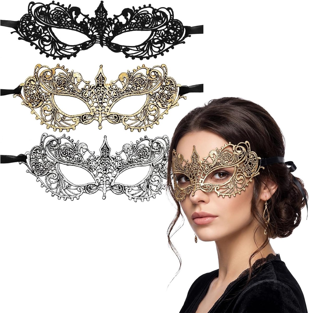 Set van 3 Venetiaanse maskers - elegant kant - comfortabele pasvorm - perfect voor carnaval - ShopVlot